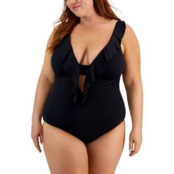 NWT Becca ETC Trendy Plus Size Color Code Ruffled One-Piece Swimsuit Black 1X - Picture 1 of 3